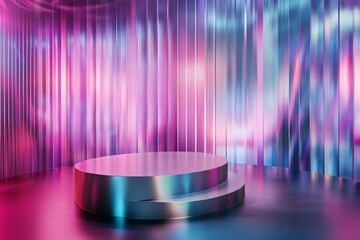 Two shiny, metallic platforms sit on a glossy, pink and blue background.