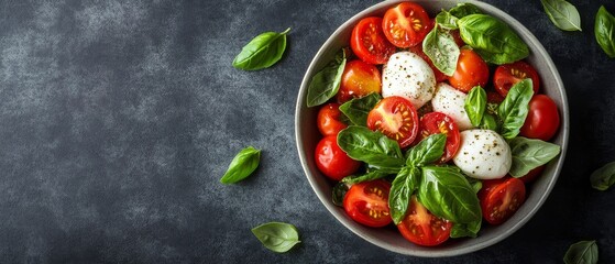 A colorful Italian salad featuring creamy mozzarella balls, juicy red tomatoes, and fresh green basil leaves arranged beautifully in a bowl on a dark backdrop
