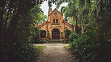 Obraz premium A stone pathway leads to an old church hidden within a lush, tropical forest.