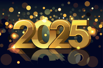 Golden Numbers 2025 on a Blurred Background With Bokeh Lights. Happy New Year 2025. Holiday Card Vector Art Illustration.
