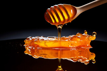 Delicious bee honey dripping from wooden spoon to table from a glass jar, side view
