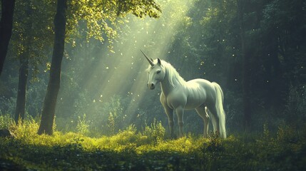 A majestic white unicorn stands in a sun-dappled forest, bathed in the golden rays of sunlight streaming through the trees.