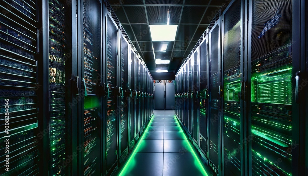 Poster camera slowly moves in the data center showing server equipment with flickering light indicators, cl