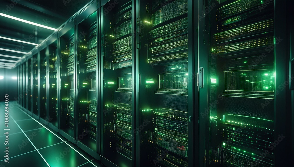 Poster camera slowly moves in the data center showing server equipment with flickering light indicators, cl