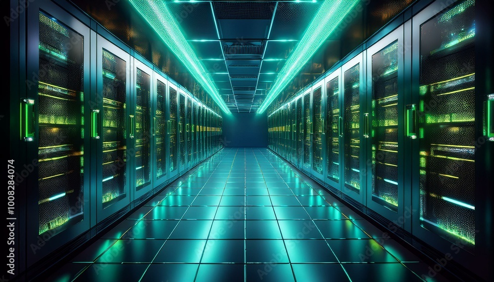 Poster camera slowly moves in the data center showing server equipment with flickering light indicators, cl