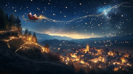 Magical Christmas night with Santa flying over a festive village in a starry sky