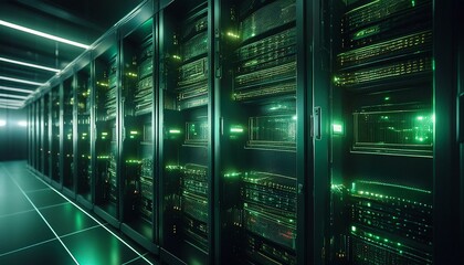 Camera slowly moves in the data center showing server equipment with flickering light indicators, close-up view. Seamlessly looped photorealistic 3D render animation