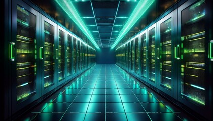 Camera slowly moves in the data center showing server equipment with flickering light indicators, close-up view. Seamlessly looped photorealistic 3D render animation