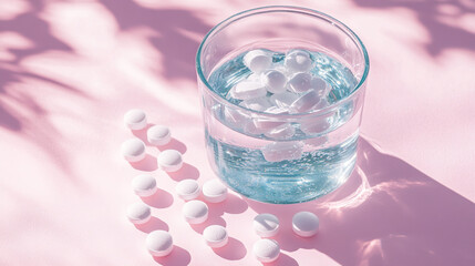 pills against depression, which dissolve in water on a pink background