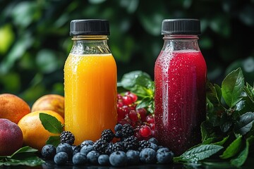 Colorful Glass Bottle Filled with Fresh Juice on a Bright Background - Refreshing Drink Concept