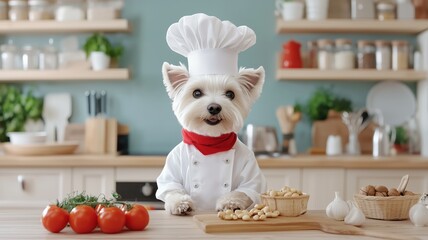 A cute white dog wearing a chef's hat and uniform stands in a cozy kitchen, ready to cook. The scene is surrounded by fresh ingredients, including tomatoes, garlic, and nuts, blending playful charm 