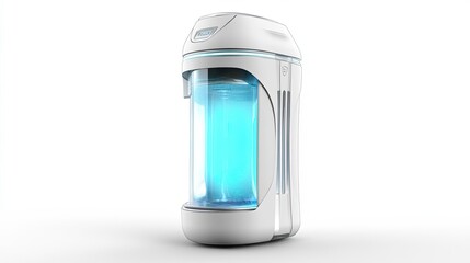White futuristic device with a blue glowing interior