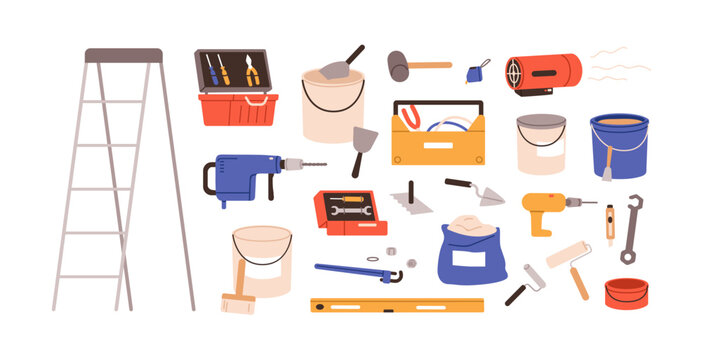 Construction tools and equipment set. Building and repair toolbox. Ladder, drill, hammer, roller, level, work instruments, renovation supplies. Flat vector illustration isolated on white background