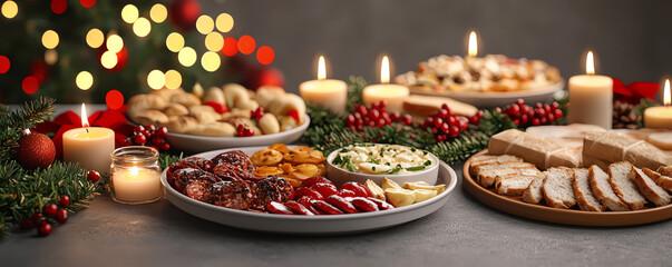 Fototapeta premium Festive holiday feast with candles and assorted dishes.