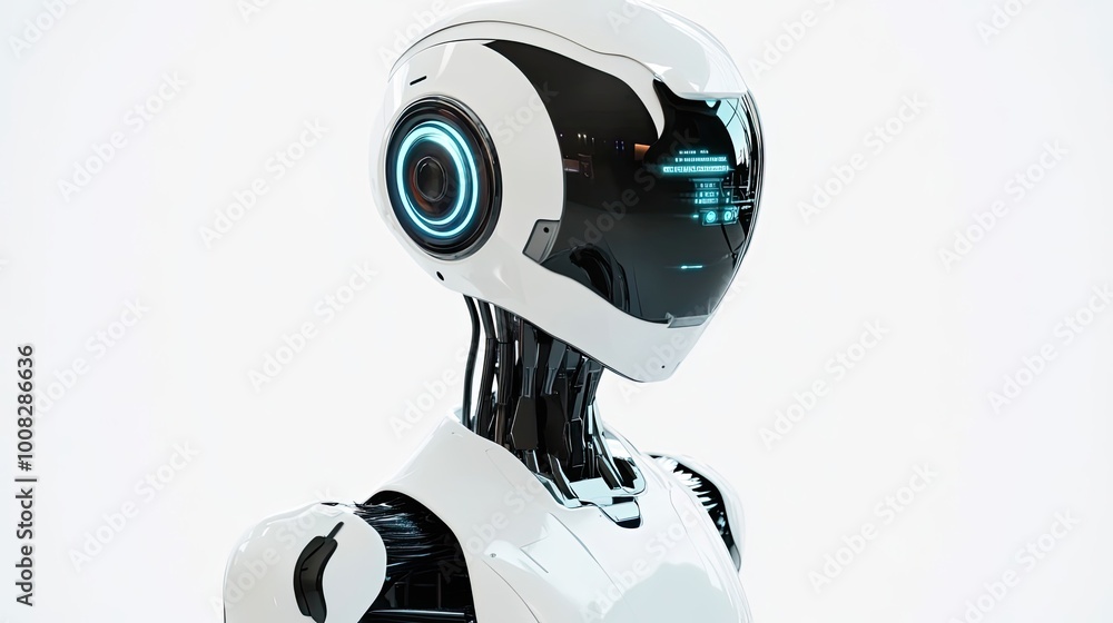 Aufkleber a close-up view of a futuristic white robot's head with a digital display