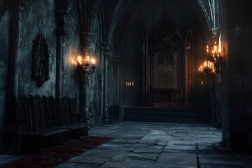 Fototapeta premium Dark, gothic interior with ornate details and flickering candlelight.