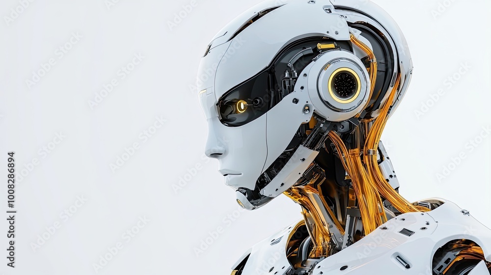 Poster close-up profile of a futuristic white robot with visible internal wiring