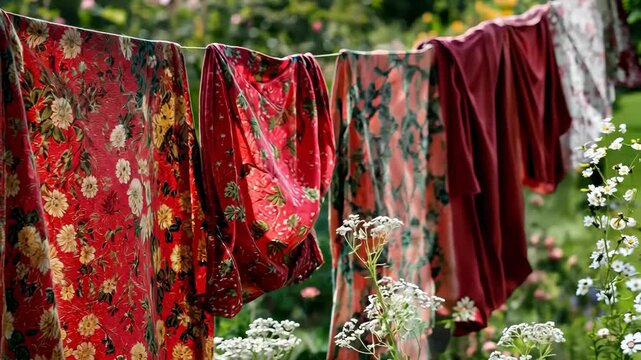 Floral fabric drying on clothesline in sunny garden with wildflowers swaying gently in the breeze, 4k footage
