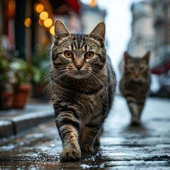 Cute tabby cat with yellow eyes walking on the street.