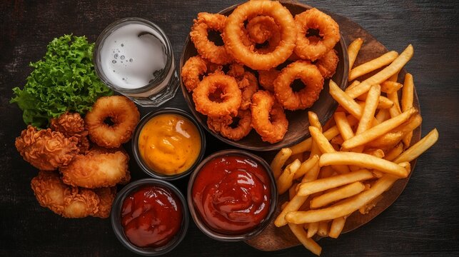 Delicious fried platter featuring onion rings, chicken bites, and crispy fries with various dipping sauces on a wooden table