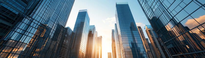 Obraz premium Modern skyscrapers against a clear blue sky during sunset.