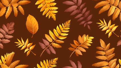 The background is decorated with golden fern leaves on a brown background. The graphics feature delicate plant motifs