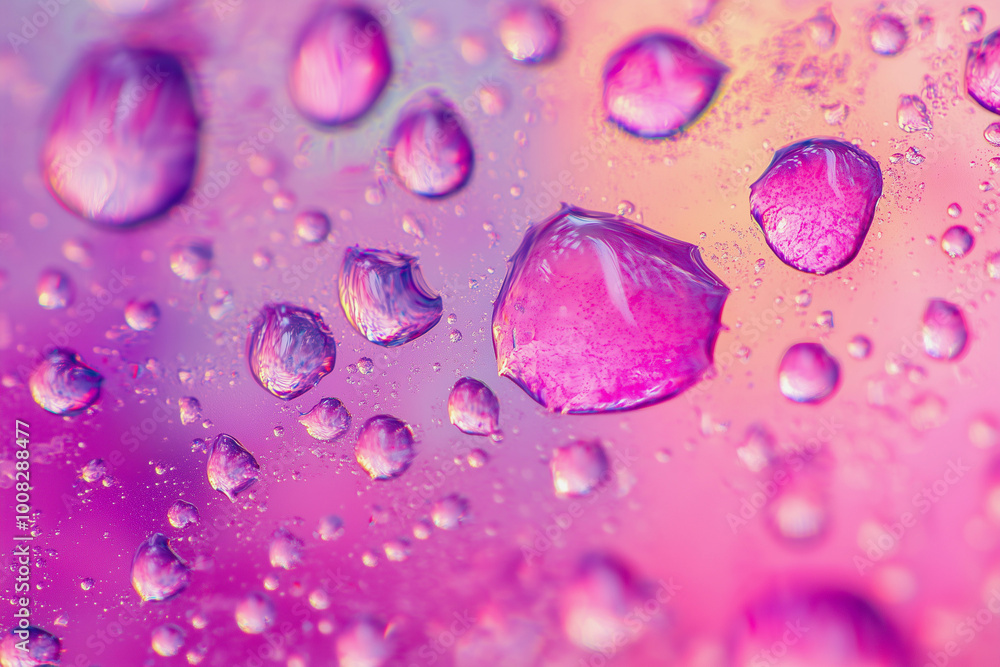 Poster close up of a pink background with many small pink droplets scattered throughout. the droplets are o