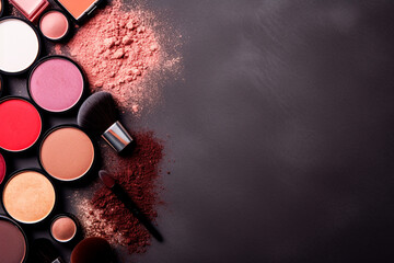 Diverse professional makeup testing area for all skin types, featuring concealers and powders