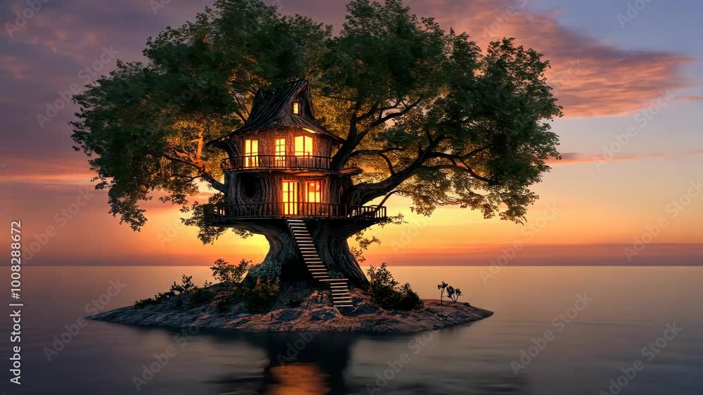 Poster a cozy treehouse sits nestled in the branches of a large tree on a small island, illuminated by the 