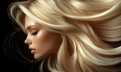 A beautiful woman with long blonde hair, flowing blonde hair that is shiny and smooth, a black background, Conceptadvertisement for a hair salon or spa, Generative AI
