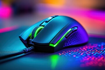 Black gaming mouse with glowing neon LED lights on a colorful mousepad, designed for precision and responsiveness, enhancing the immersive gaming experience.