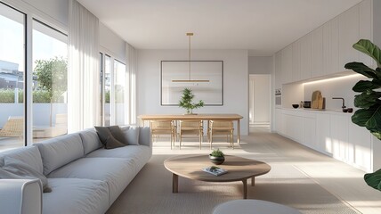 Fototapeta premium A bright, modern living space with a cozy sofa, wooden dining table, and minimalist décor, flooded with natural light.