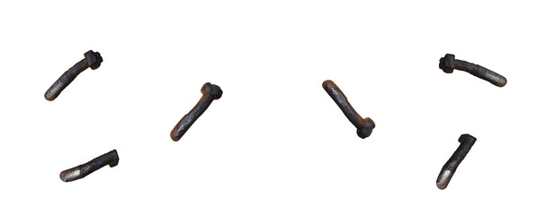 Bent old mounting screws. On isolated transparent background.