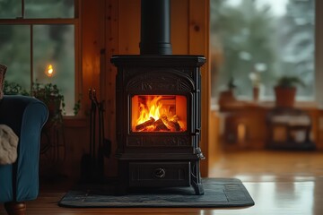  Pellet stove in energy-efficient home, digital display shows temperature setting, eco-friendly system provides warmth with minimal environmental impact.