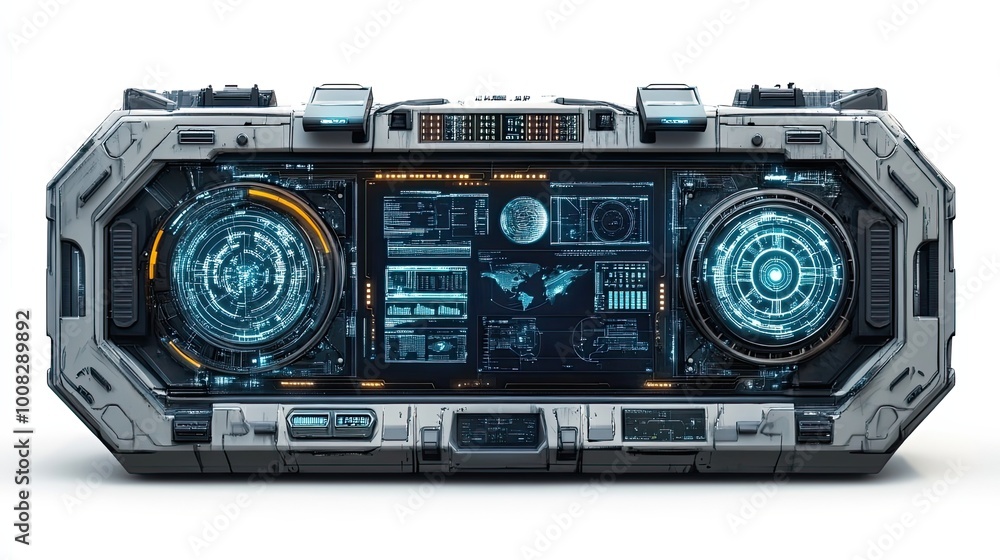 Poster futuristic control panel with circular displays and digital data