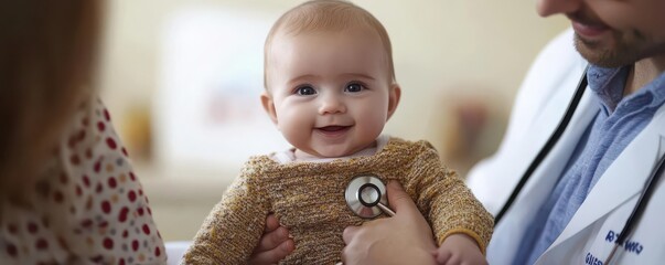Happy baby is smiling with a stethoscope