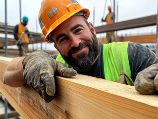 A worker securing steel connectors to a glulam beam in a mass timber construction project, ensuring structural support.