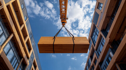 A crane lifting a massive cross-laminated timber (CLT) panel into place on a high-rise mass timber building.