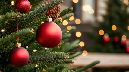 A festive close-up of red ornaments hanging on a Christmas tree, illuminated by warm lights in a cozy setting.