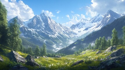 Obraz premium A lush green valley surrounded by snow-capped mountains, with a bright blue sky and fluffy white clouds.