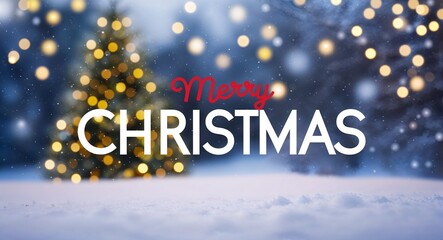christmas lettering on winter snow holidays blurred lights bokeh background