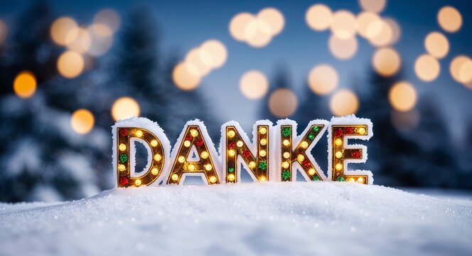 danke lettering on winter snow holidays blurred lights bokeh background