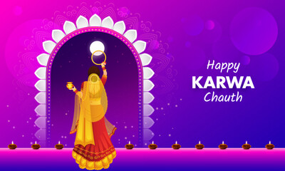 Happy Karwa Chauth. Indian Festival celebration traditional background, Indian woman performing Hindu married festival ritual.