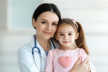 A doctor is wearing a white coat and has a stethoscope draped around her neck, holding a young girl. Both the doctor and the girl appear happy and comfortable, conveying a warm, caring relationship