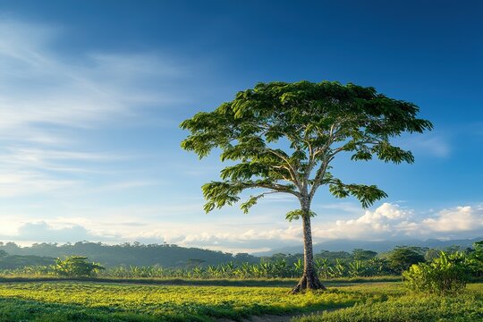 Majestic Tumbo Tree Towering Over a Lush Tropical Landscape in Vibrant Green Surroundings