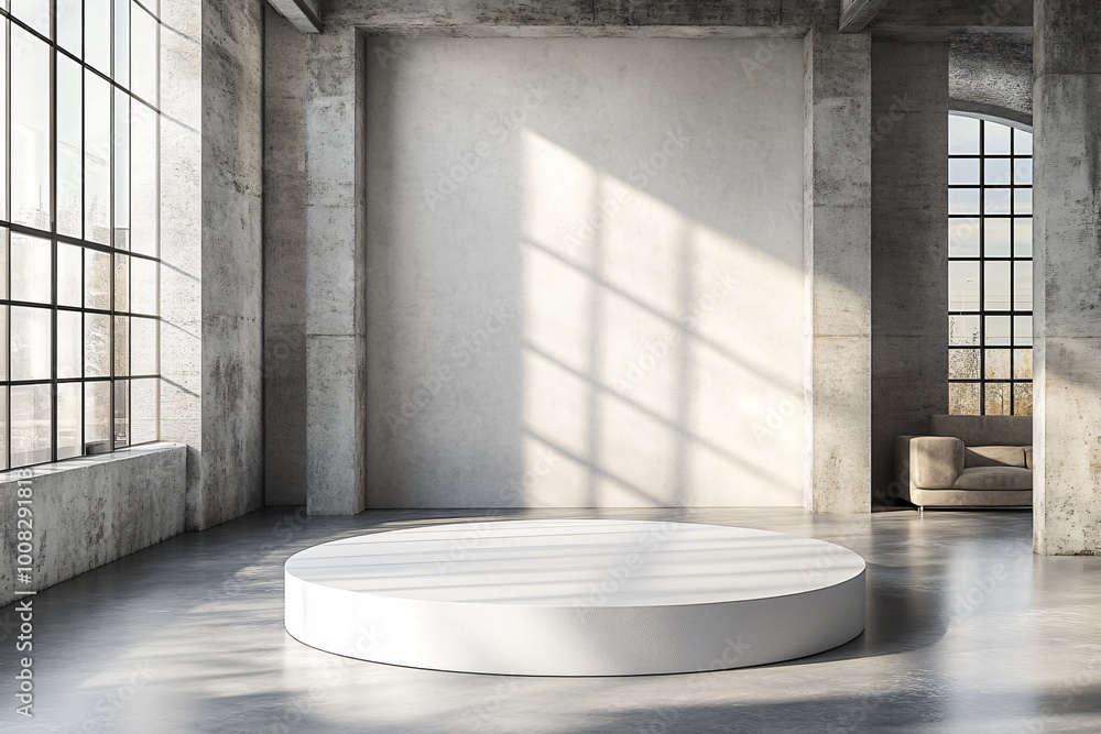 Wall mural white podium in a modern loft with sunlight coming through the windows.