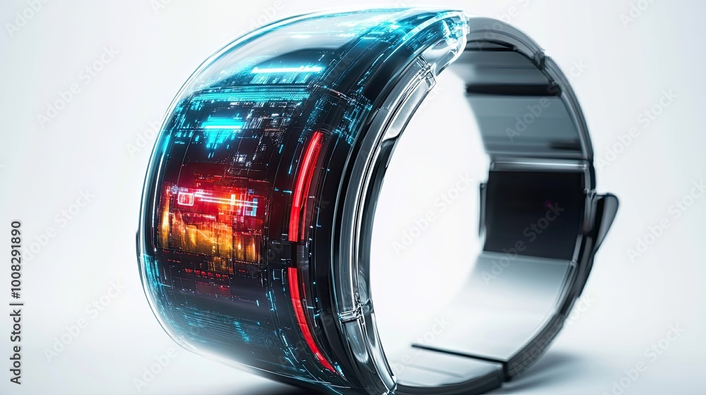 Poster futuristic smartwatch with transparent display and digital interface