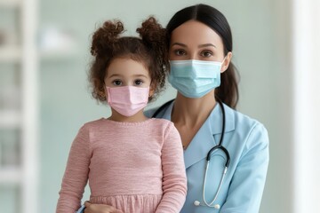 Doctor and child wearing protective masks.