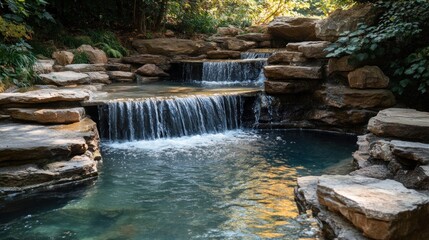 A cascading waterfall flows over smooth rocks into a clear blue pool, surrounded by lush greenery.