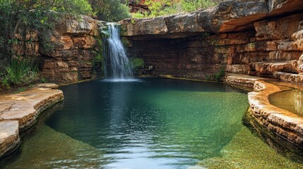 Naklejka premium A small waterfall cascades into a calm, clear pool surrounded by rocky cliffs and lush greenery.